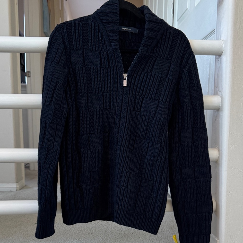 Zegna Sport Dark Blue Textured Knit Zip Front Wool Cardigan Sweater SZ S